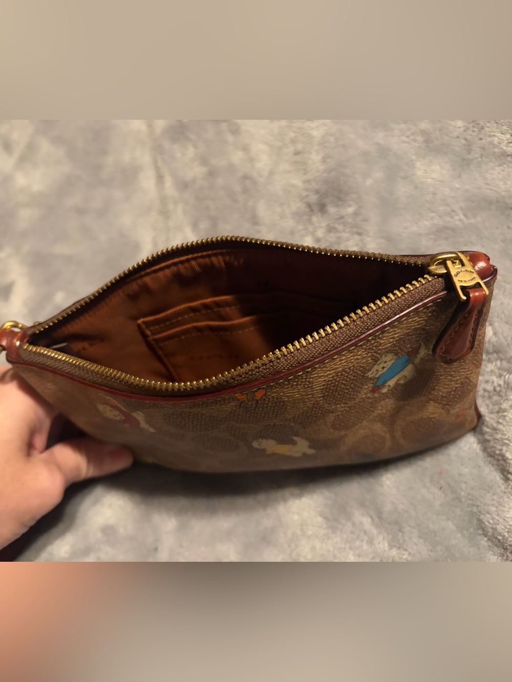 Coach Signature Cat Print Wristlet Brown Tan Canvas Leather Zip Pouch Rare - Picture 3 of 5